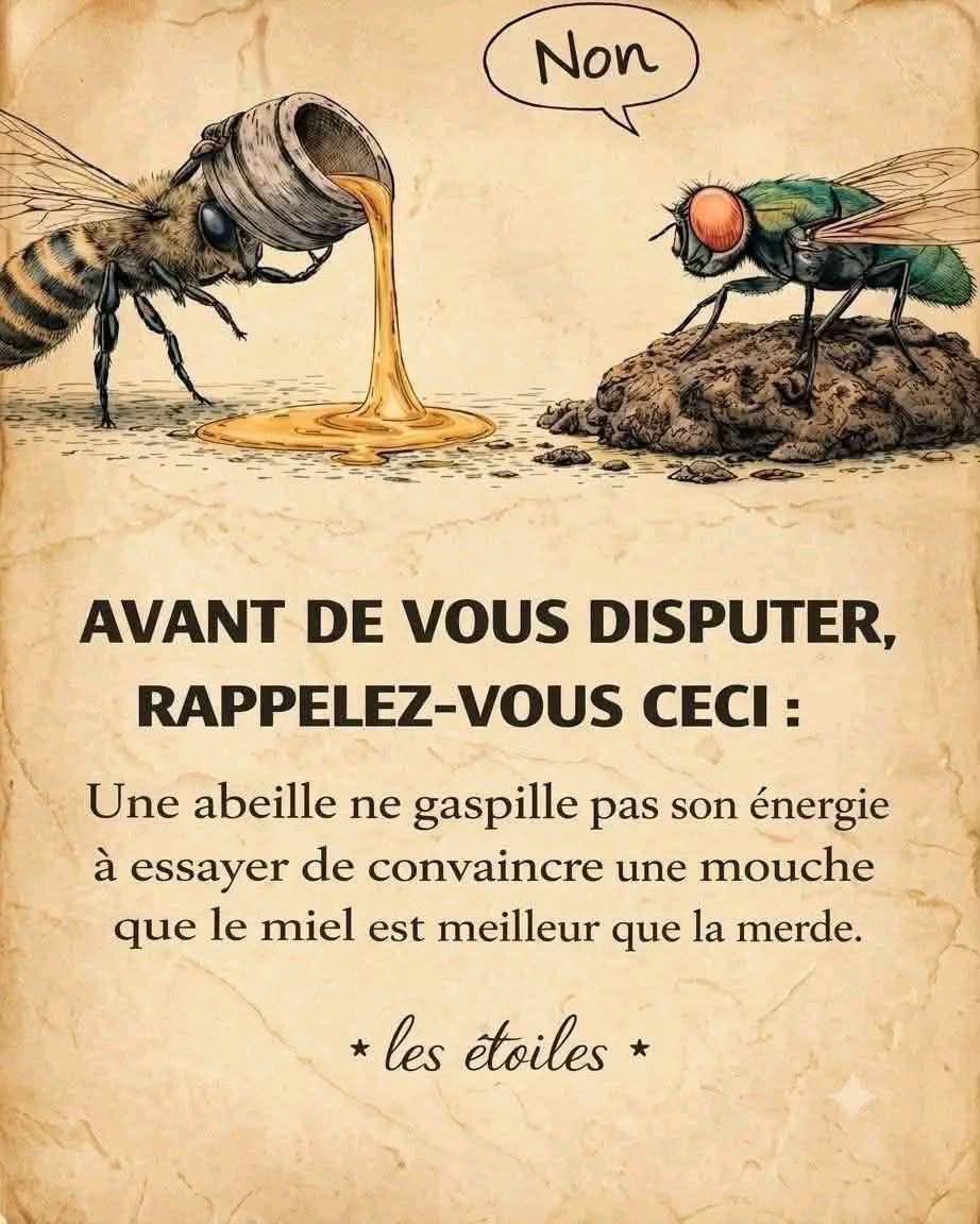BerbessouLoic's tweet photo. AVANT DE VOUS DISPUTER, RAPPELEZ-VOUS CECI :

Une abeille ne gaspille pas son énergie à essayer de convaincre une mouche que le miel est meilleur que la merde. https://t.co/dcxu4SfdFt