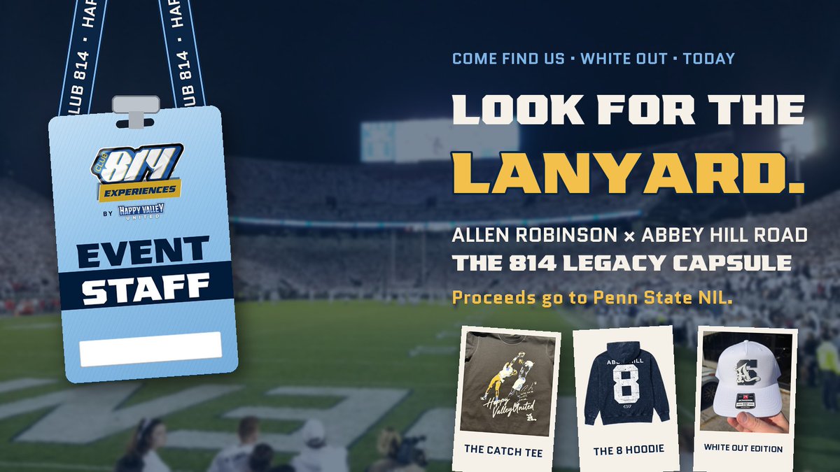 HappyValleyUtd's tweet photo. Look for the lanyard. 🏷️

Our crew is in the White Out today wearing these Club 814 credentials. Find us for the 814 Legacy Capsule: @AllenRobinson x Abbey Hill Road.

Proceeds go to Penn State NIL.

https://t.co/2JuQtRY63s https://t.co/fXf82RiiB9