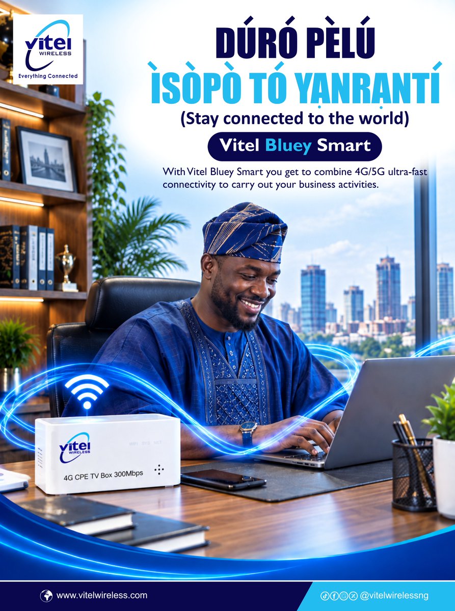 The_Olalekan13's tweet photo. Stay Safe,Connected & in Control with Vitel Wireless!
- Stay Secure: Protect loved ones and devices with SecureMe & LAT.
- Manage airtime and data with Vitel Command.
- Boost Your Business: Enjoy faster connectivity with Vitel Bluey Smart Router.
#VitelWireless #SwitchToBlue https://t.co/ADiipjYq8w