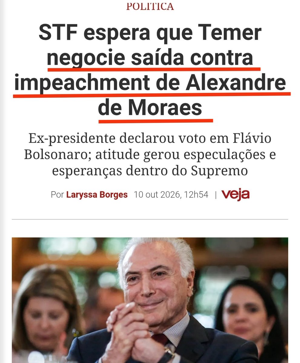 SidnelsonEu's tweet photo. ATENÇÃO!

O SUPREMO já está articulando escalar Michel Temer em campo para articular uma forma com que o Ministro Moraes NÃO SOFRA IMPEACHMENT pelo Senado em 2027. https://t.co/8yA90lKnxL