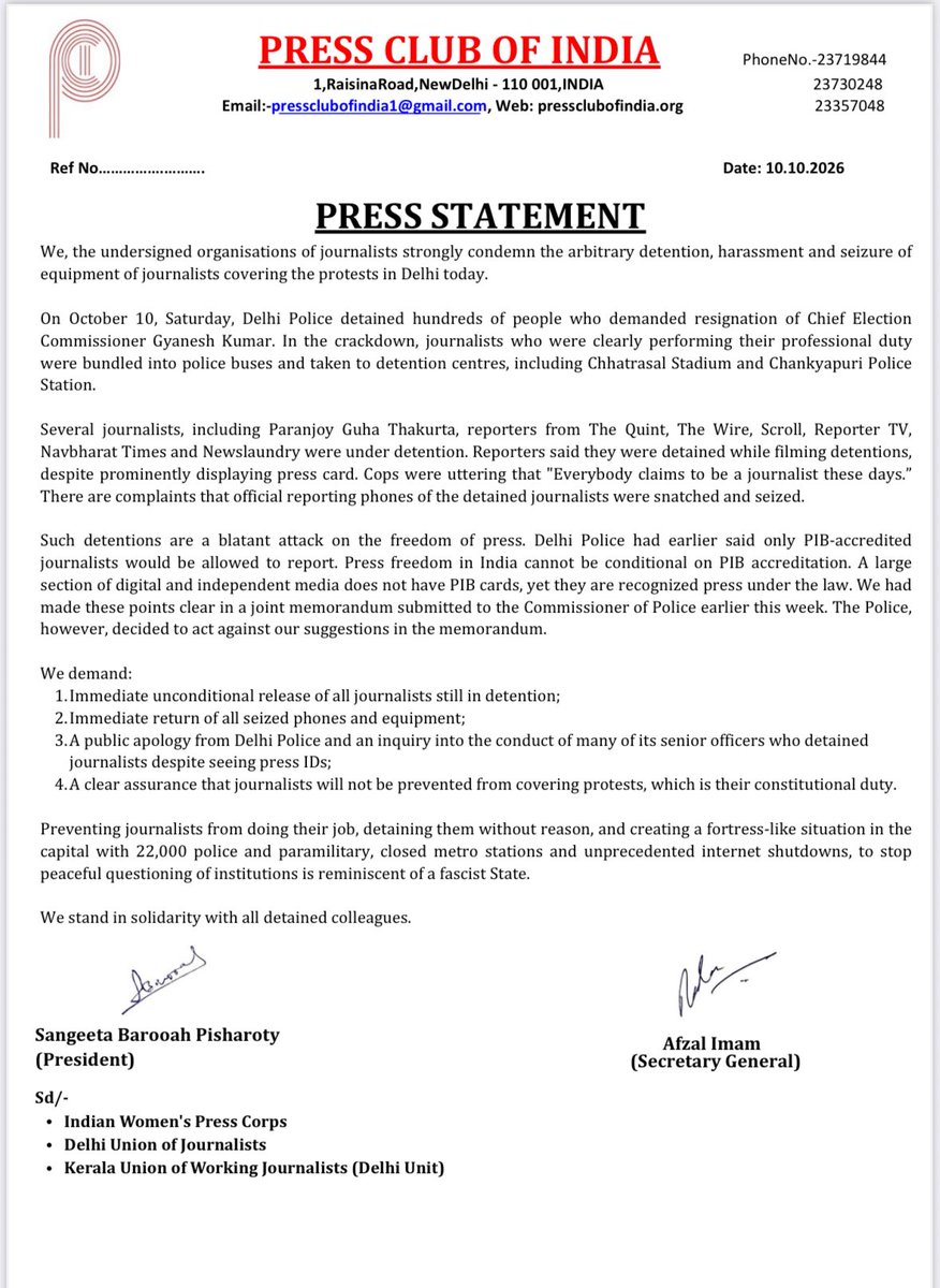 NayanimaBasu's tweet photo. The Press Club of India @PCITweets strongly condemns the arbitrary detention, harassment and seizure of equipment of journalists covering the protests in Delhi today. https://t.co/r4lgLkef0X