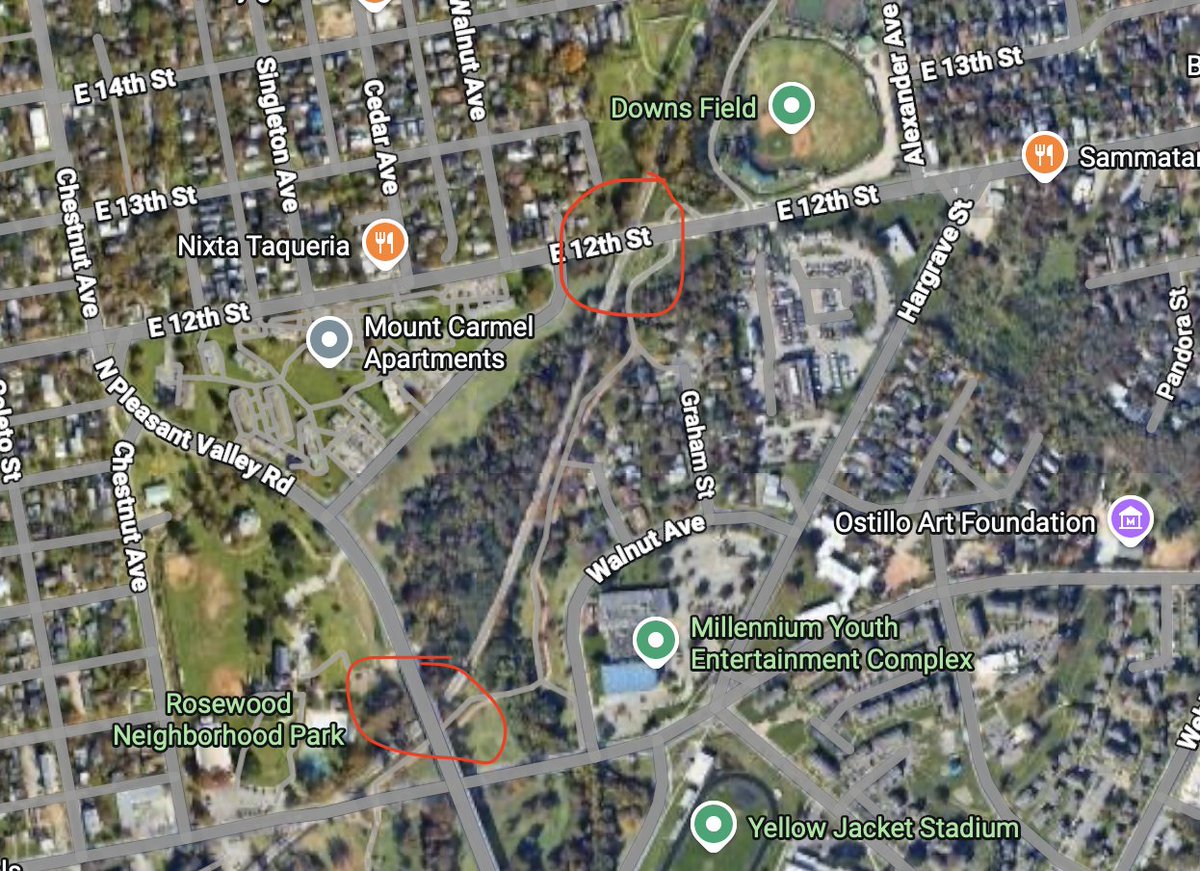 JasonRoycht's tweet photo. @DirtyTesLa its re-routing you to avoid the train tracks on 12th street.  It looks like an overpass on Pleasant Valley.    Same situation probably you posted about earlier - seems purposely avoiding the rail tracks (just like Waymo did in Phoenix and other places) https://t.co/0DJllVdIp3 https://t.co/1b8NvwCSTo
