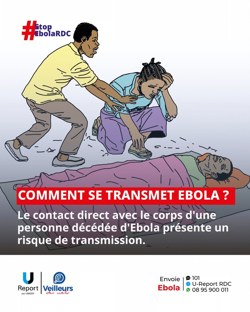 PierrotKabangu's tweet photo. 🦠 Comment se transmet Ebola ?
⚠️ Le contact direct avec le corps d’une personne décédée d’Ebola présente un risque élevé de transmission.

🙏🏾 Respectons les consignes des équipes de santé pour protéger nos communautés !

#StopEbolaRDC #veilleursduwebRDC5 #UNICEFenRDC #UReportRDC https://t.co/47VNKetCEv