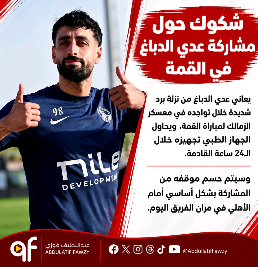 abdullatiffawzy's tweet photo. شكوك حول مشاركة عدي الدباغ في القمة

 يعاني عدي الدباغ من نزلة برد شديدة خلال تواجده في معسكر الزمالك لمباراة القمة، ويحاول الجهاز الطبي تجهزه خلال ال24 ساعة القادمة وسيتم حسم موقفه من المشاركة بشكل أساسي أمام الأهلي في مران الفريق اليوم https://t.co/x84RG1eBqI