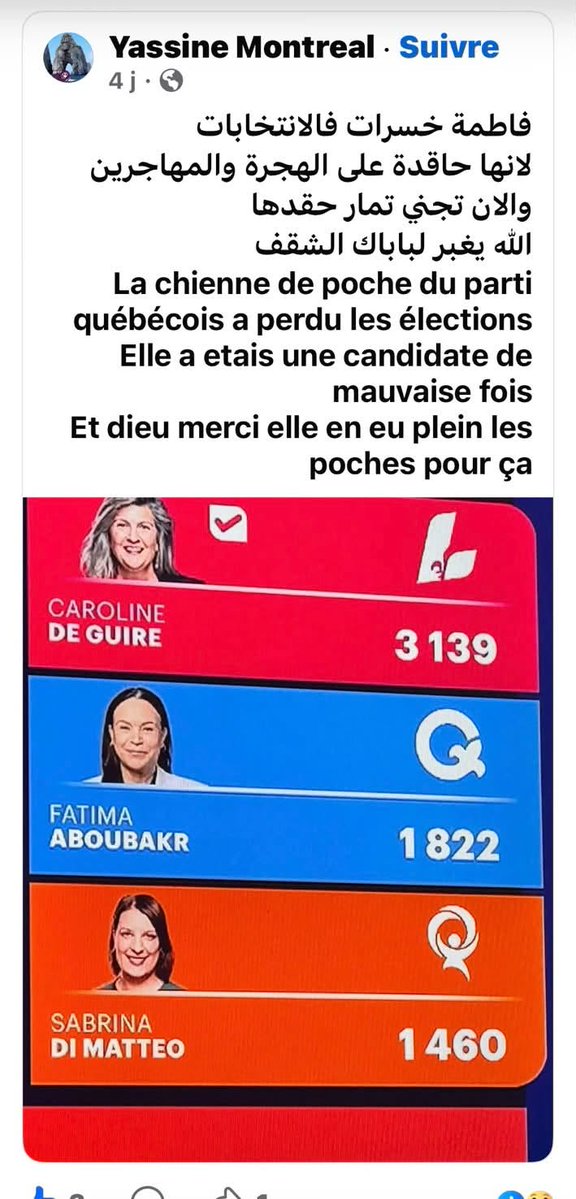 Atima67486's tweet photo. Pour ceux qui ne savent pas ce qu’est la pression communautaire et j’ose dire le terrorisme des mots, je souhaite vous parler de celle que je subis depuis l’annonce de ma candidature pour le Parti Québécois et qui ne cesse pas.
Mon intention n’est pas de me plaindre ni de susciter la pitié. Je veux mettre en lumière les dommages que ces pressions peuvent causer à la démocratie et à la participation politique des personnes issues de l’immigration.
Pendant ma campagne, j’ai rencontré plusieurs jeunes adultes issus de l’immigration qui sympathisent beaucoup avec le PQ, mais qui craignent de l’afficher. Voir ce que je vis peut renforcer leur peur et les décourager de s’engager.
Cela me peine, car nous risquons de nous priver de personnes qui ont beaucoup à apporter au Québec et qui pourraient jouer un rôle positif dans l’intégration et le vivre-ensemble.
Ce que je vis aujourd’hui peut entraîner :
• La peur de s’afficher : hésiter à partager une publication, ou parler de ses convictions.
• L’autocensure : se taire pour éviter les insultes, les conflits ou les attaques sur les réseaux sociaux.
• Le désengagement : renoncer au bénévolat, aux rencontres politiques ou même à une future candidature.
• La crainte du rejet : craindre de perdre des amis ou d’être exclu de son entourage familial ou communautaire.
• Un conflit d’appartenance : pour certains jeunes issus de l’immigration, avoir l’impression de devoir choisir entre leurs convictions politiques et leur place dans leur communauté.
• Du stress et de l’isolement : surveiller constamment ce qu’on dit, cacher ses opinions et se sentir seul à les partager.
• Une perte de confiance dans la démocratie : se demander à quoi sert la liberté politique si l’exercer expose à l’intimidation.
• Une participation politique moins représentative : les jeunes qui se retirent laissent leurs expériences et leurs préoccupations moins présentes dans les partis et les débats.
On m’accuse de trahison parce que j’ai choisi un parti qui correspond à mes convictions politiques. On cherche à me dicter le parti que je devrais rejoindre et soutenir.
On s’attaque aussi à ma réputation. Je subis des pressions religieuses pour m’imposer de croire et de pratiquer. On cherche également à contrôler mes relations et mes choix de vie. À cela s’ajoute le harcèlement numérique : messages répétés, insultes, campagnes de dénigrement, surveillance de mes publications et propos violents.
Le terrorisme islamo communautaire fait des ravages à notre démocratie. En plus de manipuler l’opinion publique pour influencer les votes, ces pressions découragent des personnes issues de l’immigration qui souhaitent s’engager, mais qui ont peur de subir ce que je subis. Notre société se prive ainsi de leur voix et de leur contribution. C’est une perte pour notre démocratie.
Le terrorisme islamo communautaire peut rendre invisible un soutien qui existe réellement, en poussant des personnes à rester sympathisants en privé plutôt qu’à devenir des citoyens engagés publiquement.
Fatima Aboubakr
Citoyenne Québécoise