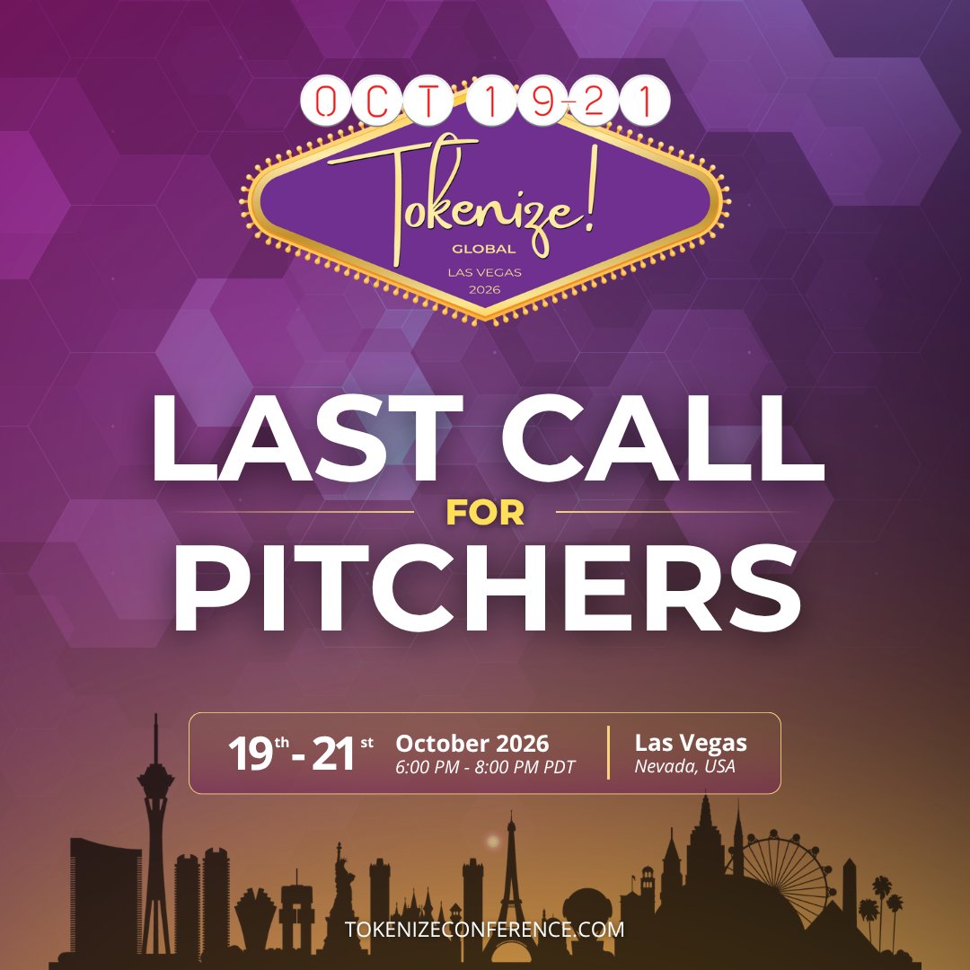 TokenizeCon's tweet photo. Last call for pitchers!

@BitAngels is selecting startups to present at Tokenize! in Las Vegas. Pitch day is October 21. If you're building something, get in!

📅 October 19-21, 2026 | 6:00 PM PDT
📍 Las Vegas, Nevada

🚀 Apply to pitch: https://t.co/0Ks7s868as
🎟️ Get your tickets: https://t.co/Ng8ye8Okyn