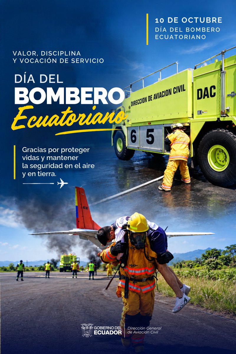 DGAC_Ecuador's tweet photo. En el Día del #Bombero Aeronáutico, la #DGAC Ecuador reconoce la valentía, preparación y entrega de quienes protegen la vida y la seguridad en nuestros aeropuertos. ¡Gracias por su compromiso y servicio! 🇪🇨 https://t.co/rhaFUrnqGu
