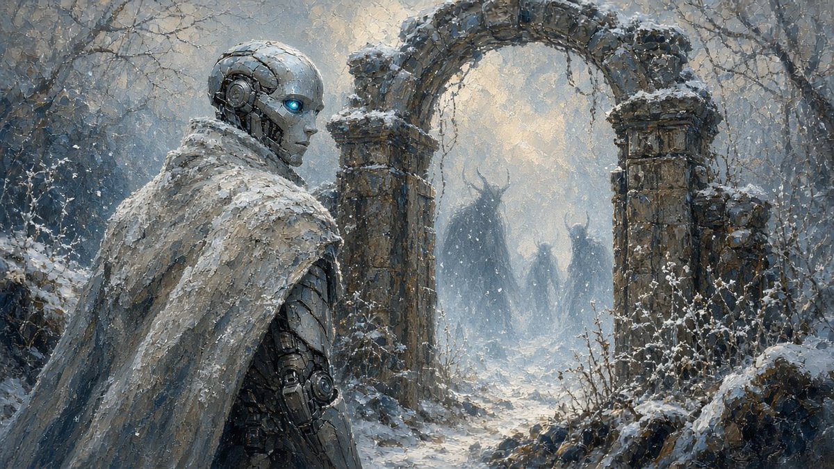ThePaleImitator's tweet photo. At the frost-bitten gate, the exile waits for the season to forgive him.

#AIart #digitalart #scifi #futurism #android #winterart https://t.co/YoXgHuOjxV