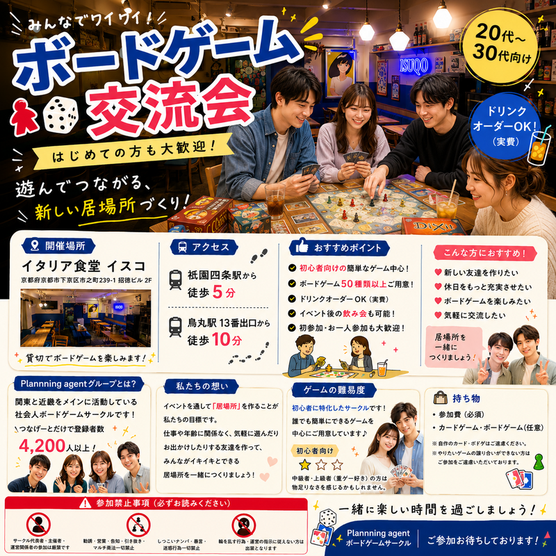 AgentPlanning's tweet photo. 11/14(土)の【京都特別企画‼️/ボドゲ企画】初心者特化/1人参加が9割♪烏丸・祇園四条でボードゲーム企画/20代〜30代向けの参加人数が10名になりました！
https://t.co/PsV7nJenAy
#つなげーと #【近畿フレンズ/新大阪・烏丸開催】...
#つなげーと #趣味活 https://t.co/IUImA3Noks