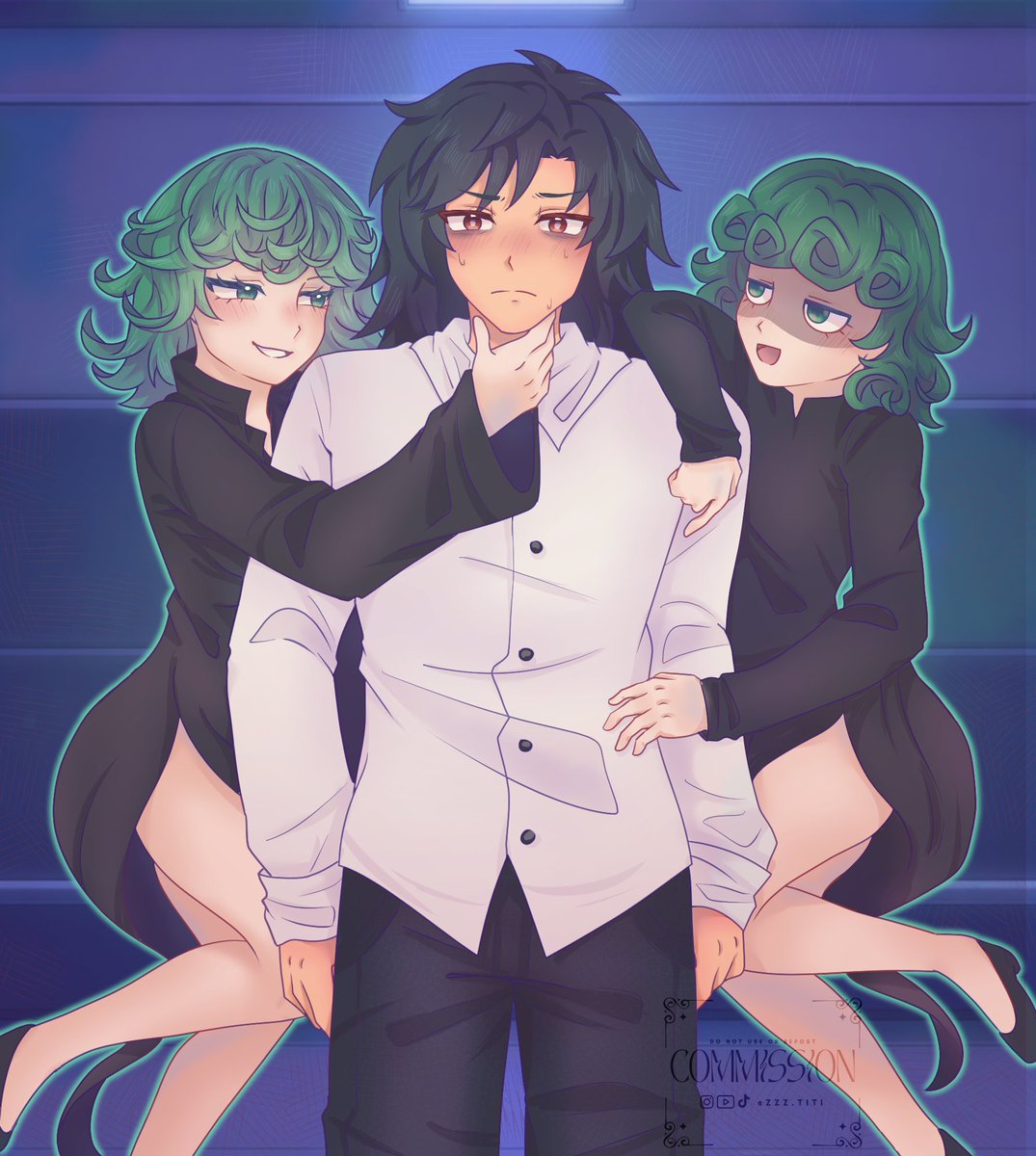 TheCopyThat's tweet photo. 💚🫣"Oh no... Double problema... Aunque no lo siento como un problema"🥰💚

Hace tiempo que queria un dibujo de mi yumeship no solo con la Tatsumaki de siempre, pero tambien con su version webcomic!

Creditos: @enchantluv 
#selfship #yumeship #Tatsumaki #タツマキ #yumetwt https://t.co/wQozlgRiHt