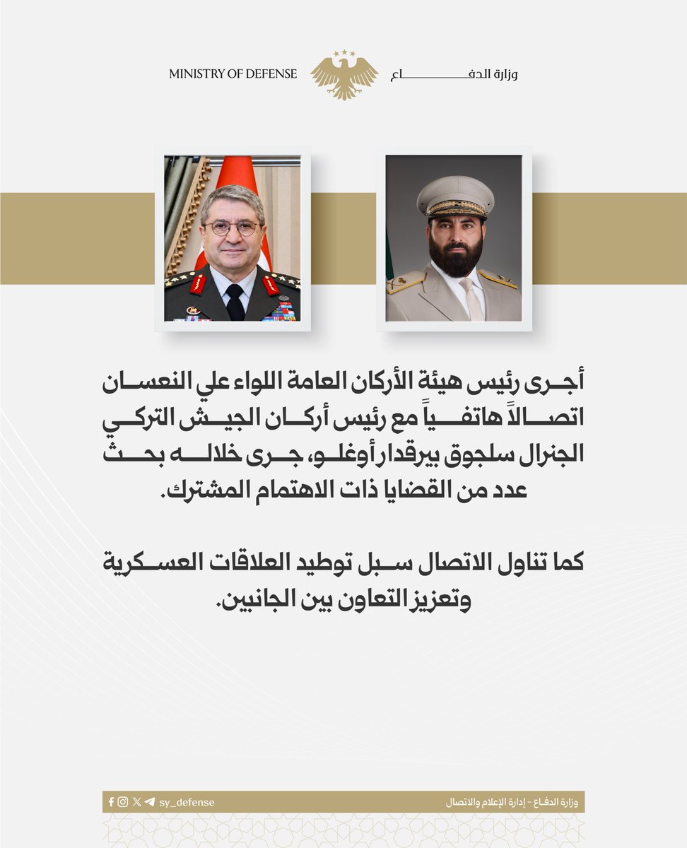 Sy_Defense's tweet photo. أجرى رئيس هيئة الأركان العامة اللواء علي النعسان اتصالاً هاتفياً مع رئيس أركان الجيش التركي الجنرال سلجوق بيرقدار أوغلو، جرى خلاله بحث عدد من القضايا ذات الاهتمام المشترك.

كما تناول الاتصال سبل توطيد العلاقات العسكرية وتعزيز التعاون بين الجانبين.

#وزارة_الدفاع https://t.co/MjhEca6wJL
