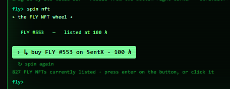 ima_fly_tok's tweet photo. Don't know which NFT to get for yourself or a mate?
Look no further, FLY is on @SentX_io and there are 800+ available to choose from.
And they are all pretty.

You can also use the #flyterm to pick one for you. Type:
spin nft 

and see what happens
(this is the geekiest way)
🪰 https://t.co/JEpAdpuoeO