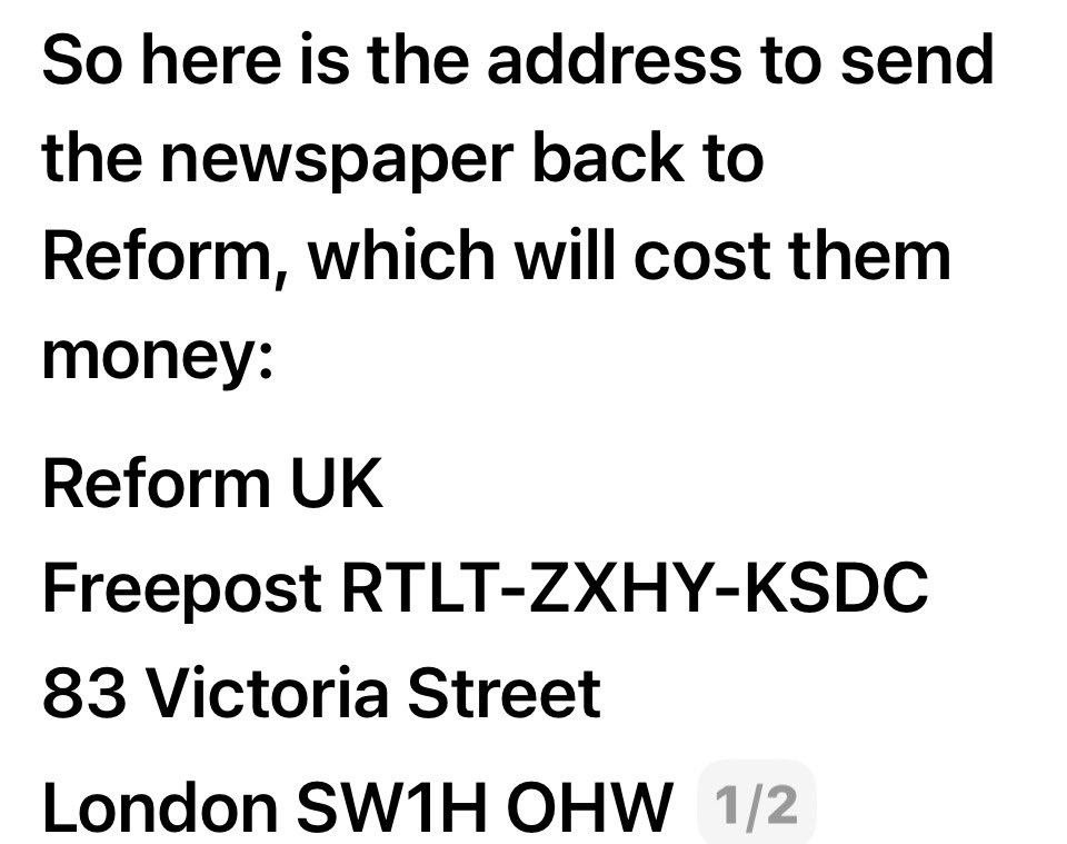 NDK72's tweet photo. Apparently #Reform are sending their ‘newspaper’ The Reformer to 15 million households. 

Here’s the freepost address to send it back to if you don’t want it: 

#Farage #Politics https://t.co/E6RRcBYUgV