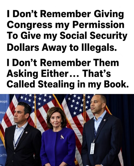 ValerieAnne1970's tweet photo. Social Security was paid into by American workers.

Not a slush fund. Not a bargaining chip. Not something Congress gets to give away without our consent.

That’s not governing... that’s stealing. https://t.co/V2Hqr82NRX