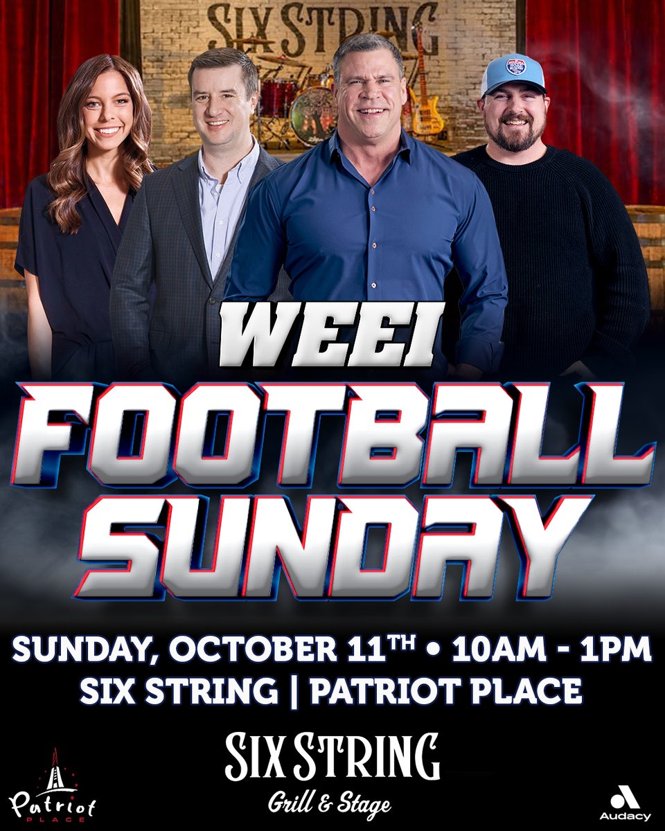 WEEI's tweet photo. Before kickoff, WEEI is live from Patriot Place! WEEI Football Sunday runs from 10 a.m. to 1 p.m. at Six String Grill & Stage, with @Teddyjradio @Meghan_Ottolini @Scheimtime & @ChristianArcand  getting fans ready for Raiders at Patriots.

Come hang out at Six String before the game, or listen on WEEI and the Audacy app.