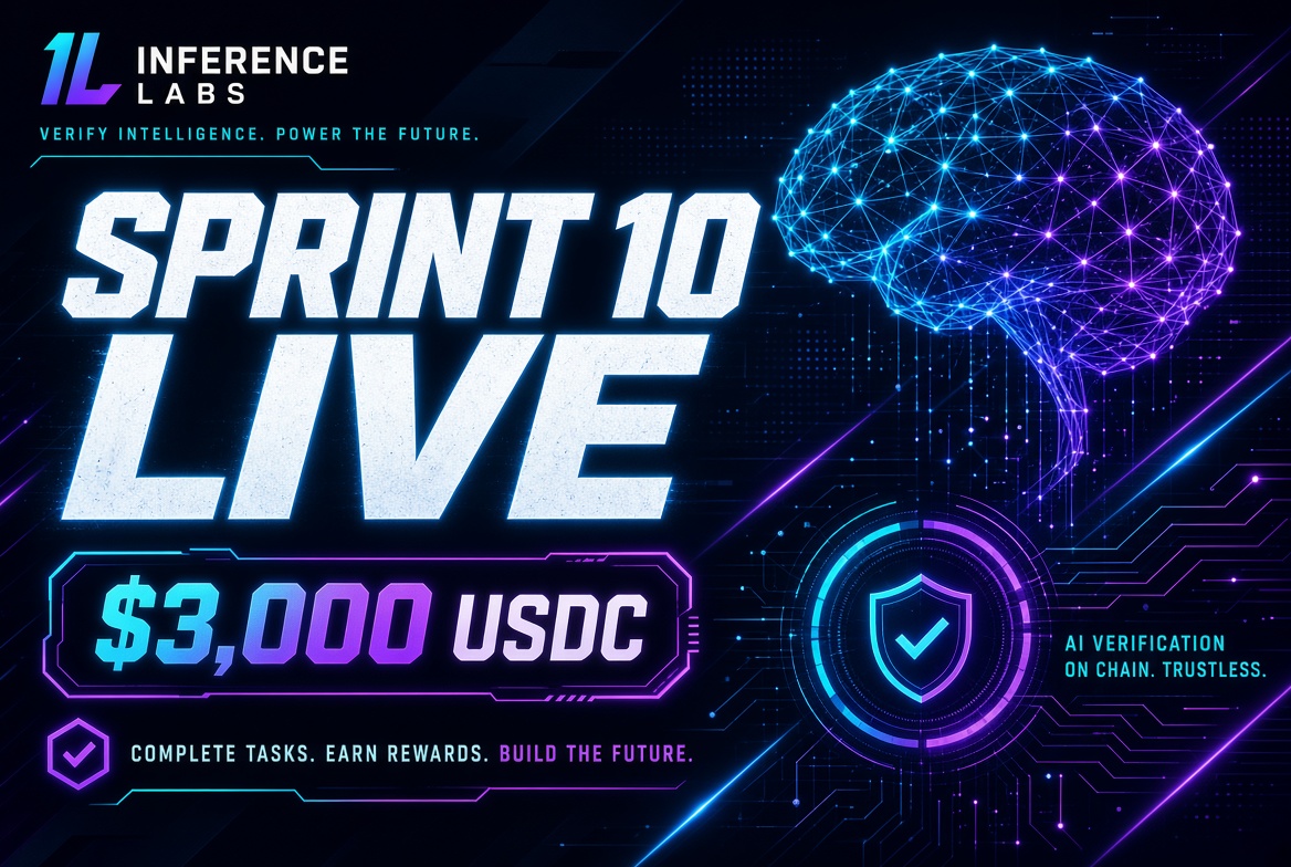 Miss_Carllos's tweet photo. 🚀 Sprint 10 is officially LIVE — fresh energy, new missions, and a clear shot at rewards for everyone in the @inference_labs ecosystem!

Sprint 9 ran with a $3,000 USDC Reward Pool:
🏅 1st–40th: $36 each
🥈 41st–120th: $19.50 each
Sprint 10 is here with the same high-stakes structure and a clean slate. Everyone starts at 0 XP. No carry-over advantage. Just pure activity.
New to the community? This is the best moment to jump in. Early movers get more time to stack XP, climb the board, meet builders, and actually understand what Inference Labs is shipping (verifiable AI, auditable autonomy, and real infrastructure).

👉 Join the Discord: https://t.co/G3G6rzAI8V
👉 Start the Zealy quests: https://t.co/7YUxRJ8Sqs

Complete quests, earn XP, and position yourself while the sprint is still wide open. The people who show up early usually end up higher on the leaderboard — and more connected to the project.

Let’s build the future of #Web3AI and #DeAI together. 🔥
@inference_labs #InferenceLabs #ZealySprint #Web3AI #DeAI