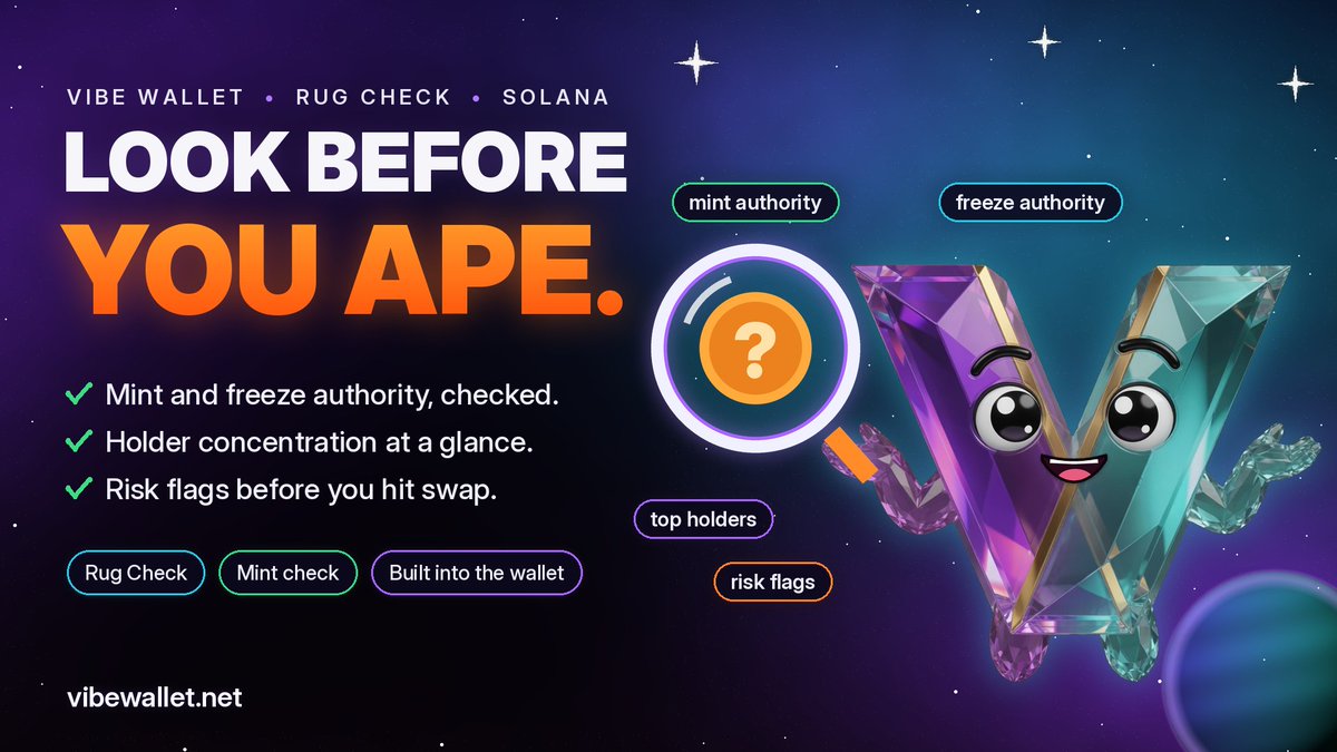 vibewalletsol's tweet photo. Before you ape, check the mint 🔍

Rug Check is built right into Vibe Wallet. Mint authority, freeze authority, holder concentration and risk flags, all before you hit swap.

Ten seconds now beats a rug later.

https://t.co/dqzBErjt37 https://t.co/QNYELO88ff