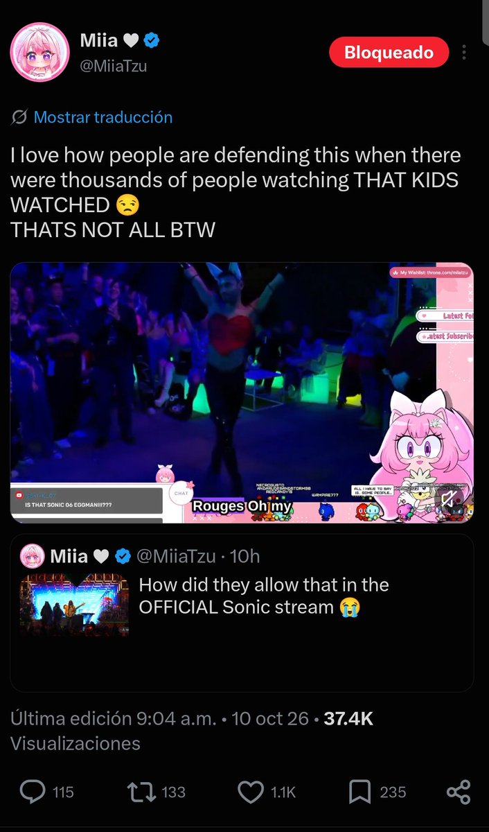 Donutella_13's tweet photo. Pause, wasn't Club Chaos an 18+ event? LMAO 

It's not up to sega if some parents don't gaf about what their kids watch on youtube LMAO. But ofc miss "I've jerked off in some of my 'starting soon' screens before my streams start" will wanna preach to us abt that shit https://t.co/DpPD1zZ28B