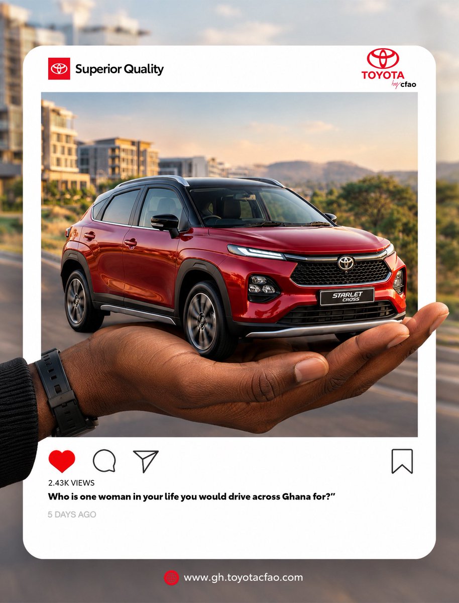 DriveToyotaGH's tweet photo. One woman. One unforgettable road trip.

Who is that special woman in your life you’d drive across Ghana for?Your mum, your wife, your sister, or that special someone?

Tag her in the comments and let her know she’s worth every mile!

With the Toyota Starlet Cross, every journey becomes a beautiful memory.

#ToyotaGhana #ToyotaStarletCross #ToyotaByCFAO #ghanadrivestoyota #superiorquality