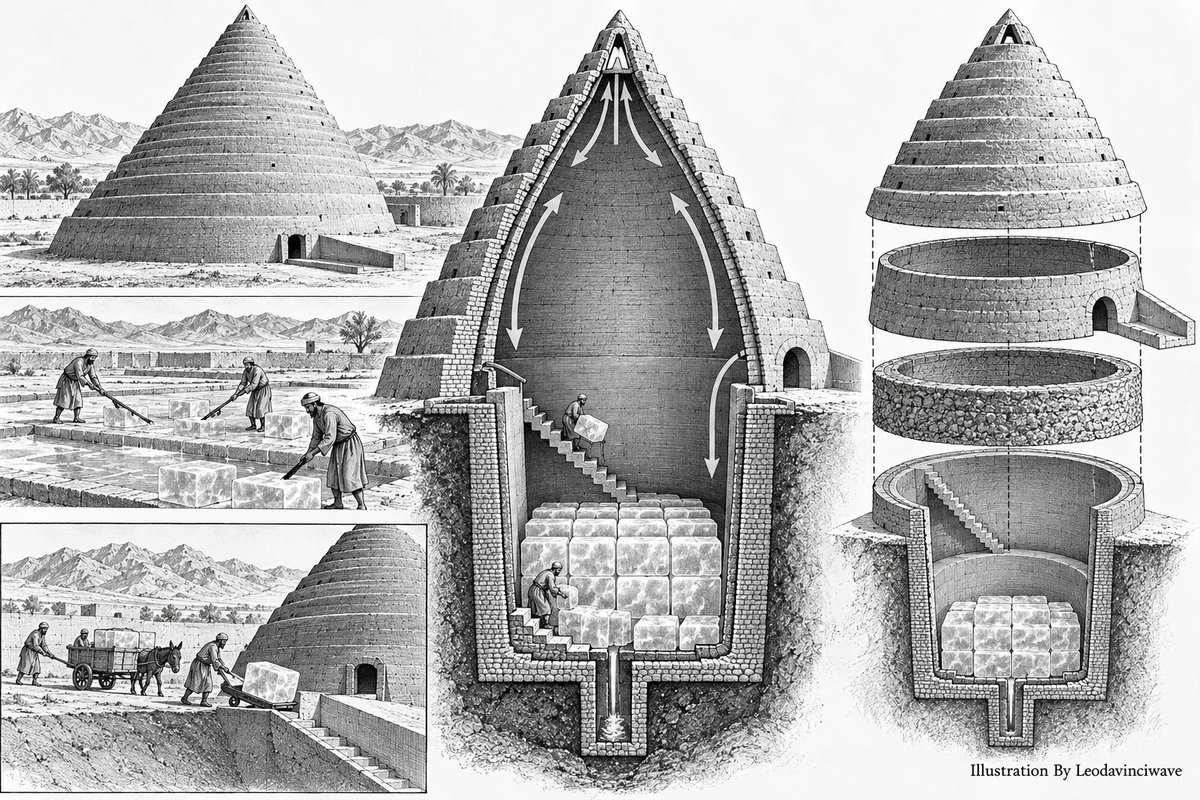 LeoDaVinciWave's tweet photo. Persians were storing ice in the desert 2,400 years ago without electricity or refrigerators.
Meet the Yakhchāl, an ingenious ancient Persian ice house that turned extreme heat into an engineering challenge.
But how did it work?
Its thick, domed walls helped reduce heat gain, while deep underground chambers used the earth’s natural insulation to keep stored ice cool. In winter, water was frozen in shallow pools, and the resulting ice blocks were stored for use during scorching summer months.
The secret also lay in sarooj, a traditional, water-resistant mortar made from materials such as clay, lime, sand and ash.
Some surviving yakhchāls still amaze architects and historians today.
No electricity. No compressors. Just a remarkable understanding of materials, climate and thermodynamics.
Ancient Persian engineers didn’t fight the desert they designed around it.