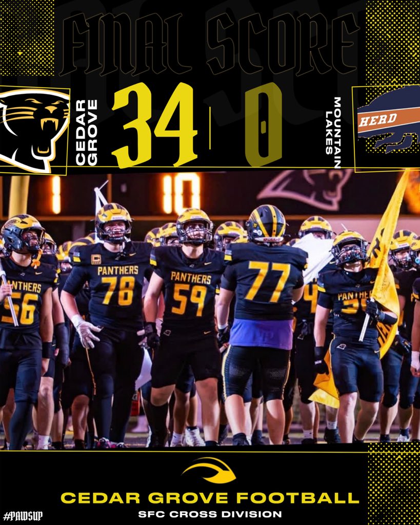 CGFootballHS's tweet photo. Huge SFC road win last night 34-0 over Mountain Lakes, just win! Now 5-1, Verona at home next week 👀!!
#PawsUp🐾 #RtP🏔️ https://t.co/sHAHFQYjKo