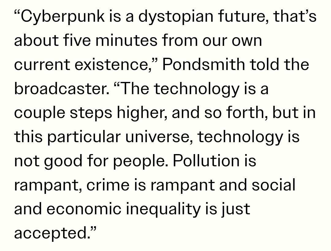 kalaelizabeth's tweet photo. Cyberpunk 2077 is some kind of litmus test I swear. It is very political and inherently anti-corporation and anti-capitalism. It was built on the foundations for a future that we shouldn't want. It's been 6 years, how is this still not obvious? https://t.co/5yHDBYDUmv