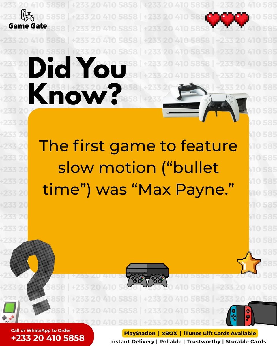 GameGateGh's tweet photo. The first game to feature slow motion (“bullet time”) was “Max Payne.”
#PlayStation #xbox #psn #gamers #gaming https://t.co/nydXvRqQFK