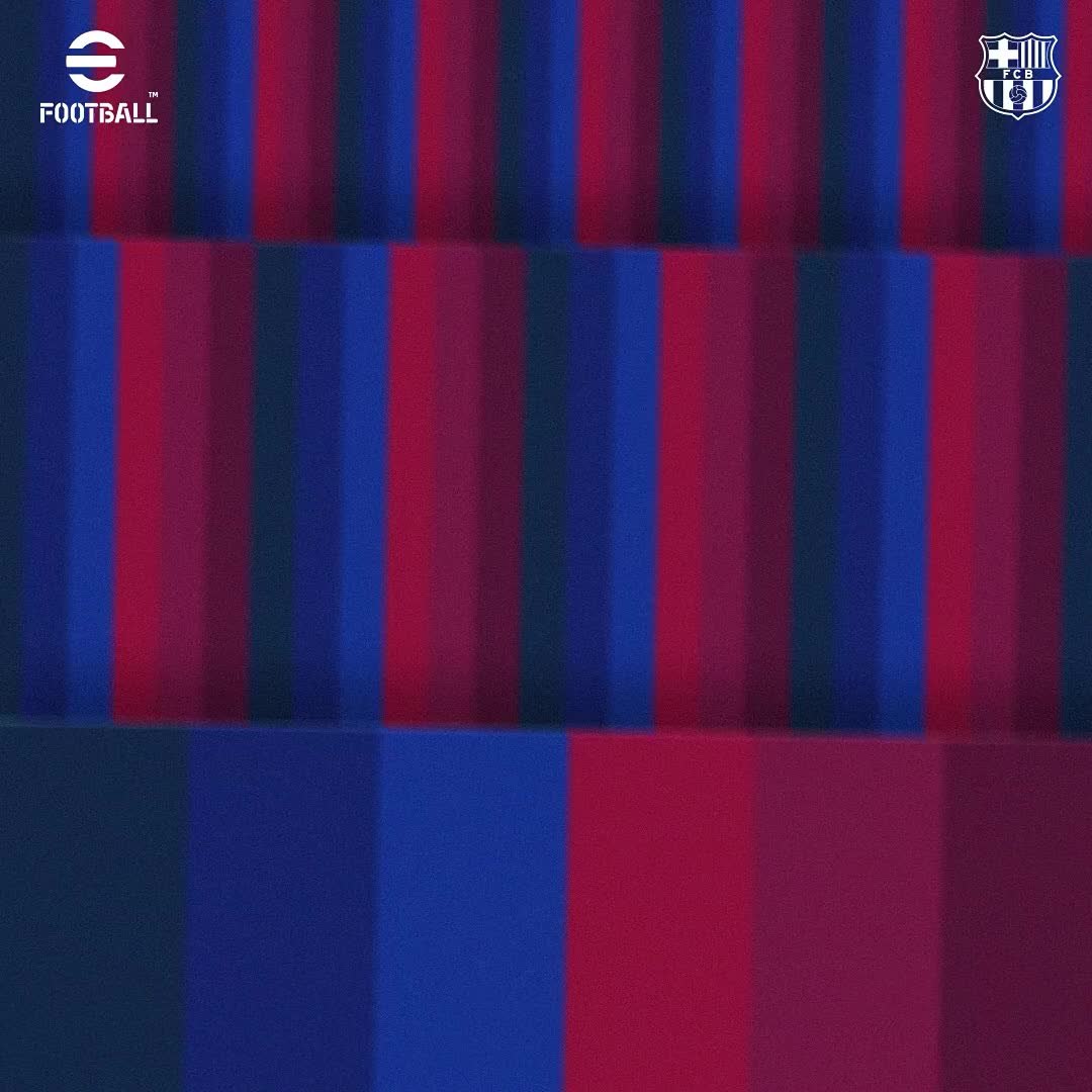 A blurred close-up of a Barcelona (FCB) jersey featuring blue and maroon vertical stripes, with the "eFootball" logo in the top left and the FC Barcelona crest in the top right, displayed alongside a post celebrating a goal scored by Anthony Gordon in the 2nd minute at Spotify Camp Nou during the Barça vs. Getafe match.