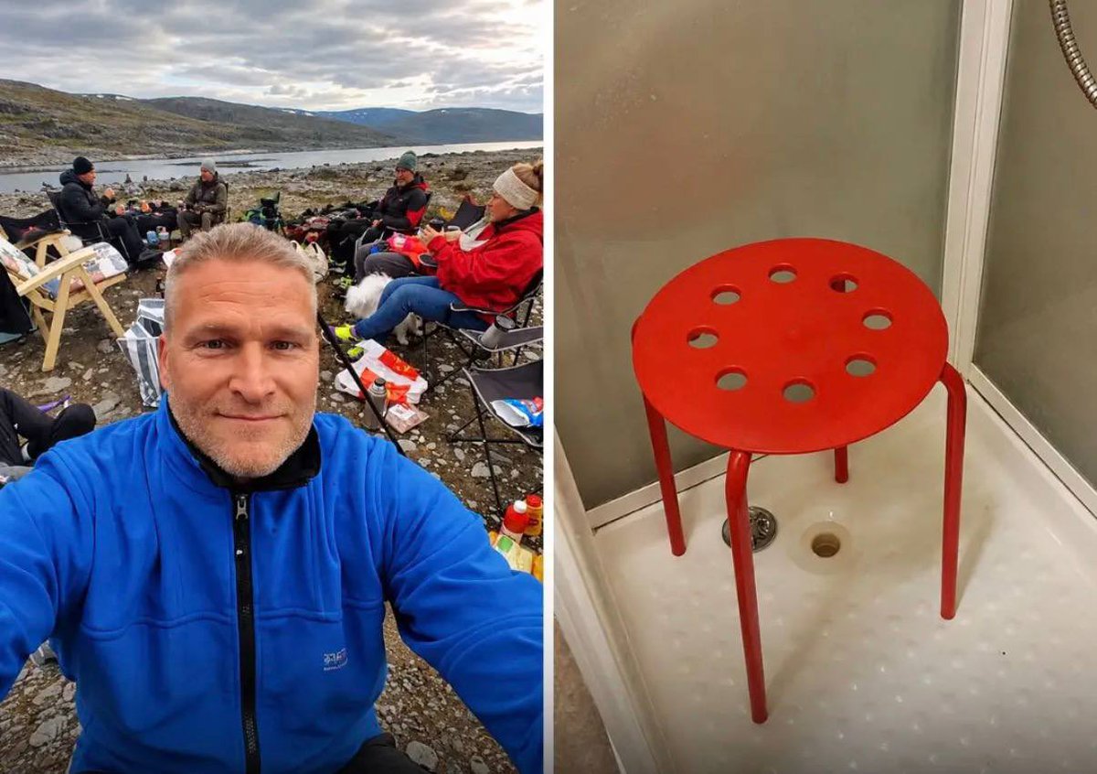 MorbidKnowledge's tweet photo. In 2016, Norwegian photographer and politician Claus Jørstad went viral after an IKEA stool trapped one of his testicles during a shower.

Jørstad had bought the plastic MARIUS stool because a knee injury made standing in the shower difficult.

Then came the problem.

According to his social media post, one testicle slipped through one of the stool’s drainage holes while he was sitting under hot water.

The heat caused it to swell.

Suddenly, he couldn’t get it back out.

Jørstad said he remained stuck until the hot water eventually ran out.

As the water turned cold, everything shrank enough for him to finally escape.

He then posted the entire story on IKEA Norway’s social media page.