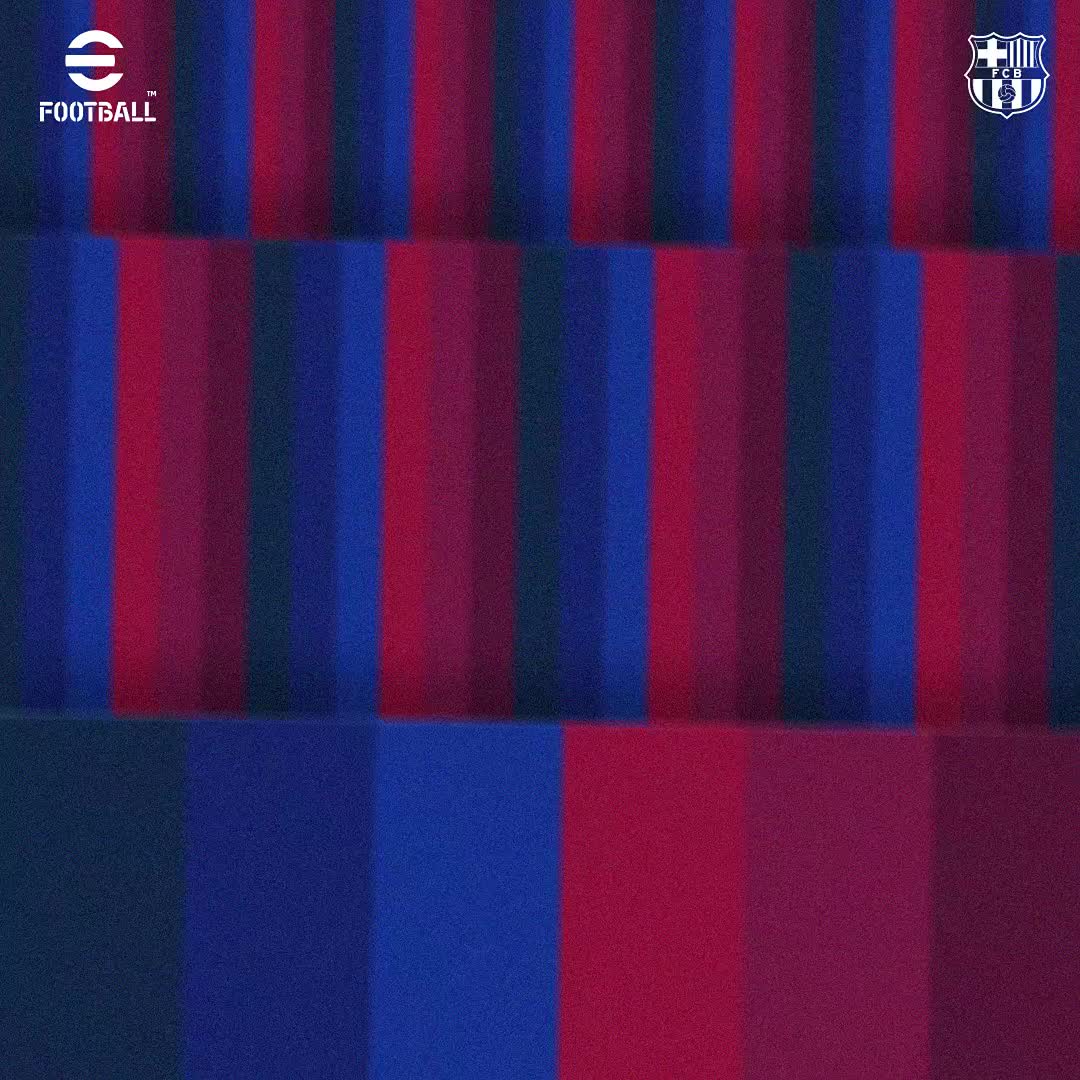 An image shows a close-up of a blue and red striped fabric, with "eFootball" and FC Barcelona logos in the top corners.