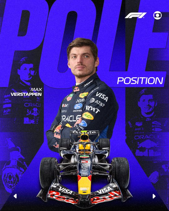 A graphic celebrates Max Verstappen's 'POLE POSITION' in Formula 1, showing him with his Red Bull Racing suit and car.