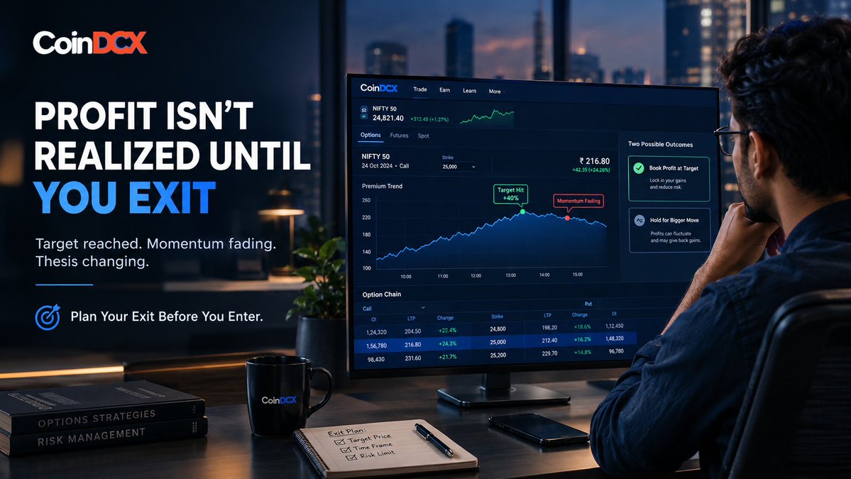 Websterhook2's tweet photo. A profitable options trade can turn into a missed opportunity when you wait for more

On @CoinDCX before holding for bigger gains, ask yourself:
- Is my target reached?
- Is momentum weakening?
- Is my trade thesis still valid?

Book profits with a plan
#LearnKaroCryptoKaro https://t.co/2knLt50fXX
