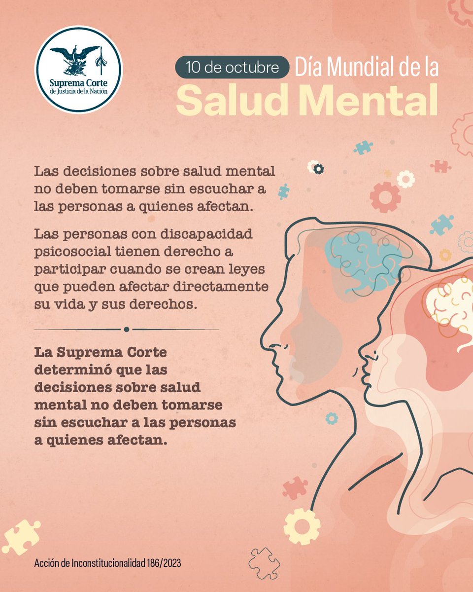 SCJN's tweet photo. Escuchar también es reconocer derechos. 
Cuando una ley afecta directamente la vida de las personas con discapacidad psicosocial, su participación no es opcional: es un derecho. 

🧠 Día Mundial de la Salud Mental. https://t.co/GbFfahJ3fX