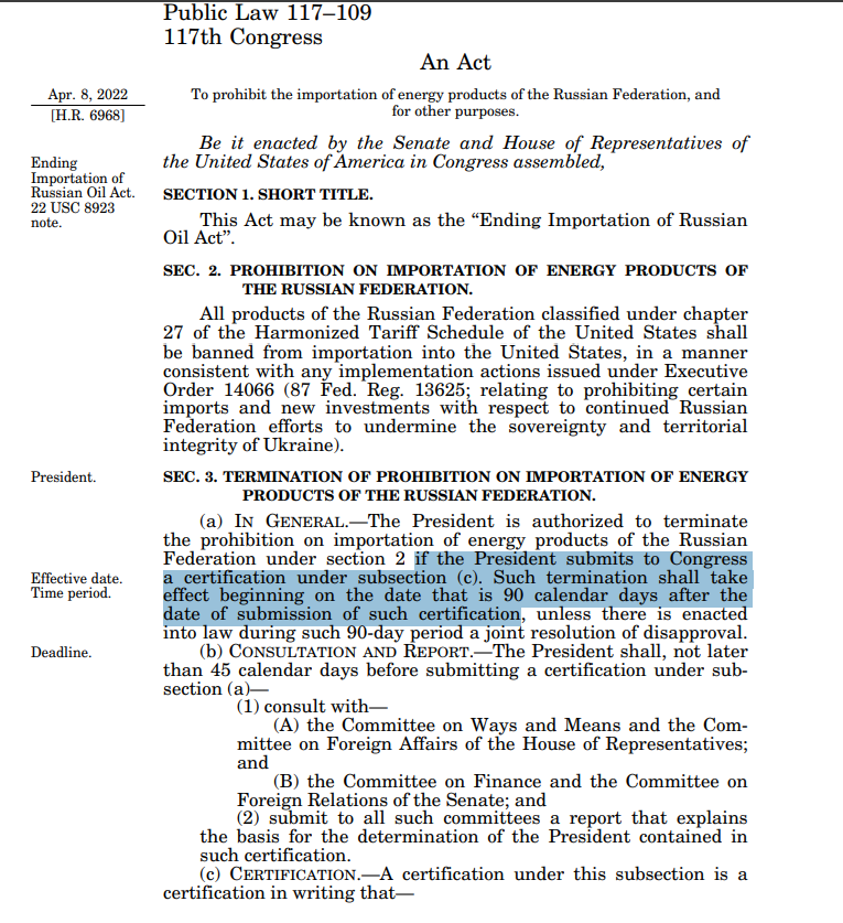PeterBDoran's tweet photo. Yes, @AmbDanFried. It looks like @SecScottBessent and the White House very clearly broke a law. Treasury was authorized to issue the diesel exemption to Russia on a presidential whim.

Congress designed these "speed breaks" to prevent President Trump (or any president) from making such an insane, ill-conceived blunder.