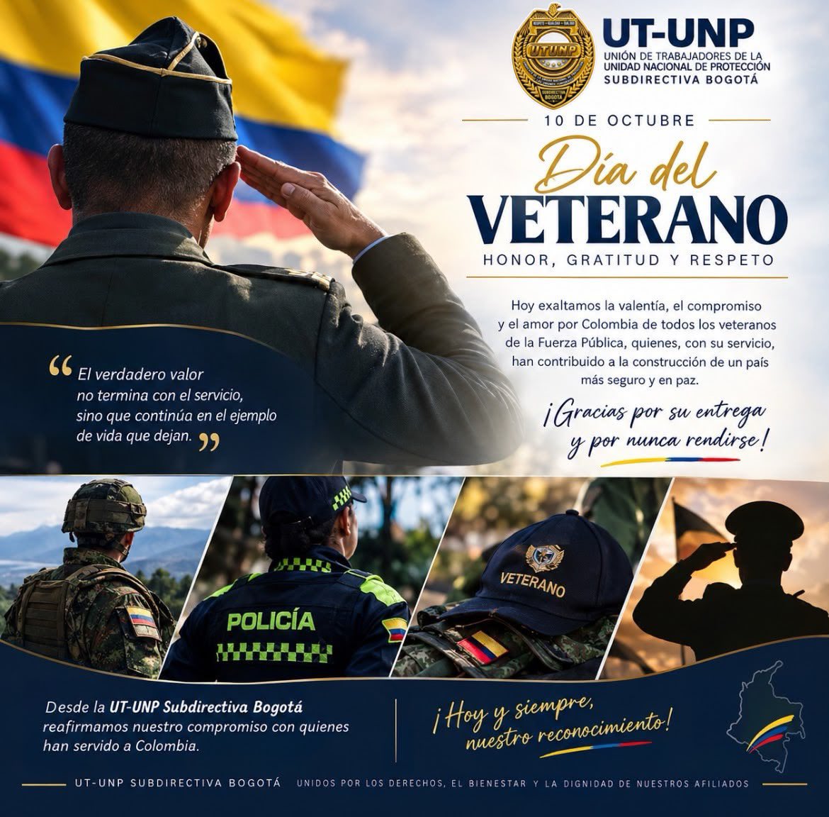 utunpbogota's tweet photo. 🇨🇴🎖️10 DE OCTUBRE | DÍA DEL VETERANO

Rendimos un sentido homenaje a todos los veteranos de la Fuerza Pública que, con honor, valentía y compromiso, dedicaron parte de sus vidas al servicio de Colombia.

Hoy reconocemos su trayectoria, sus sacrificios y las huellas que han dejado https://t.co/EYEt4eIL1y