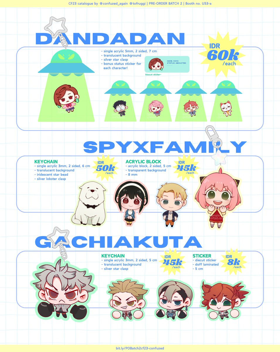 tofruggi's tweet photo. [🩷&amp;🔁 are very appreciated! <3]

#CF23catalogue by Ki! ( ⸝⸝•̀ - •́⸝⸝)ง
Booth U53-a

📦 pick-up (both days) / mail order
📆 close 20 oct
⭐️ Original/OC, Genshin Impact, Dandadan, SpyxFamily, Gachiakuta
🔗 https://t.co/W1CUFsE213

#cf23 #comifuro23 #zonauang https://t.co/kJ4Nu67DkR