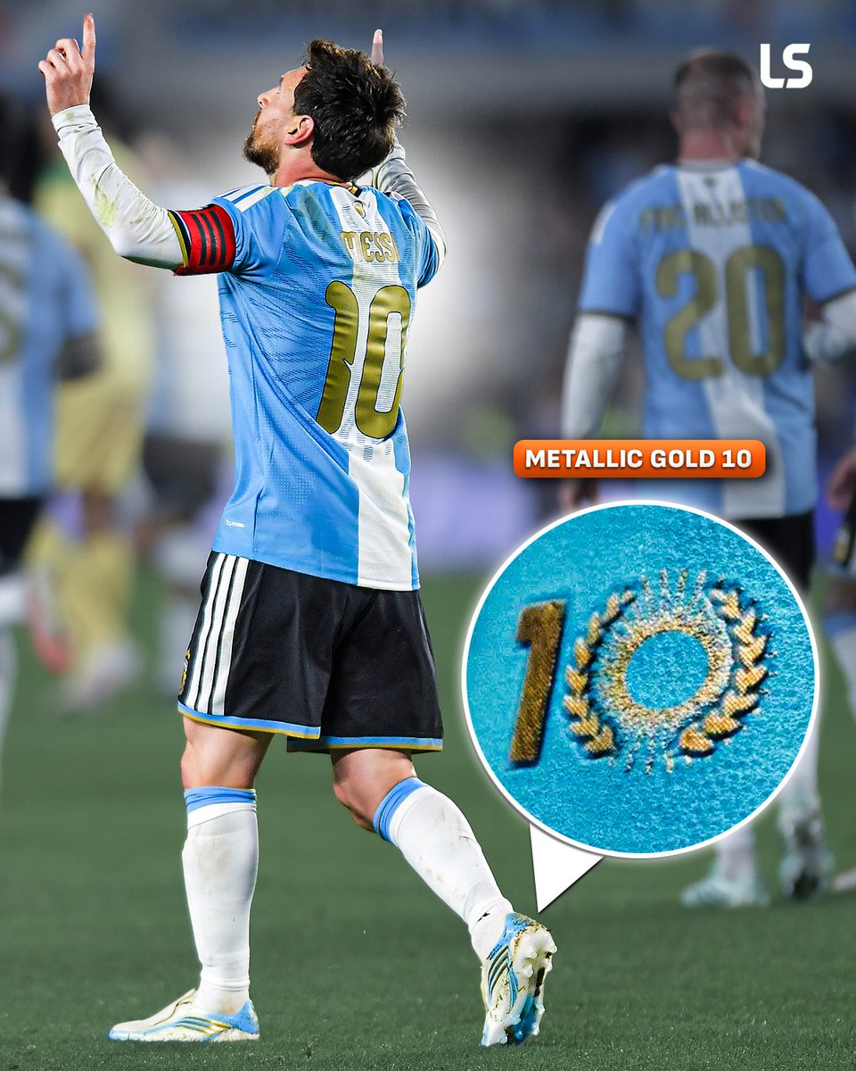 livescore's tweet photo. For Messi's last dance with Argentina, Adidas replaced its own logo on his boots with a metallic gold 🔟 ✨

Only 215 pairs of the special-edition 'El Último Tango' were created 🤩

The design draws inspiration from the first F50 boots Messi wore for Argentina 🥹🇦🇷 https://t.co/xAr6KvgL2A