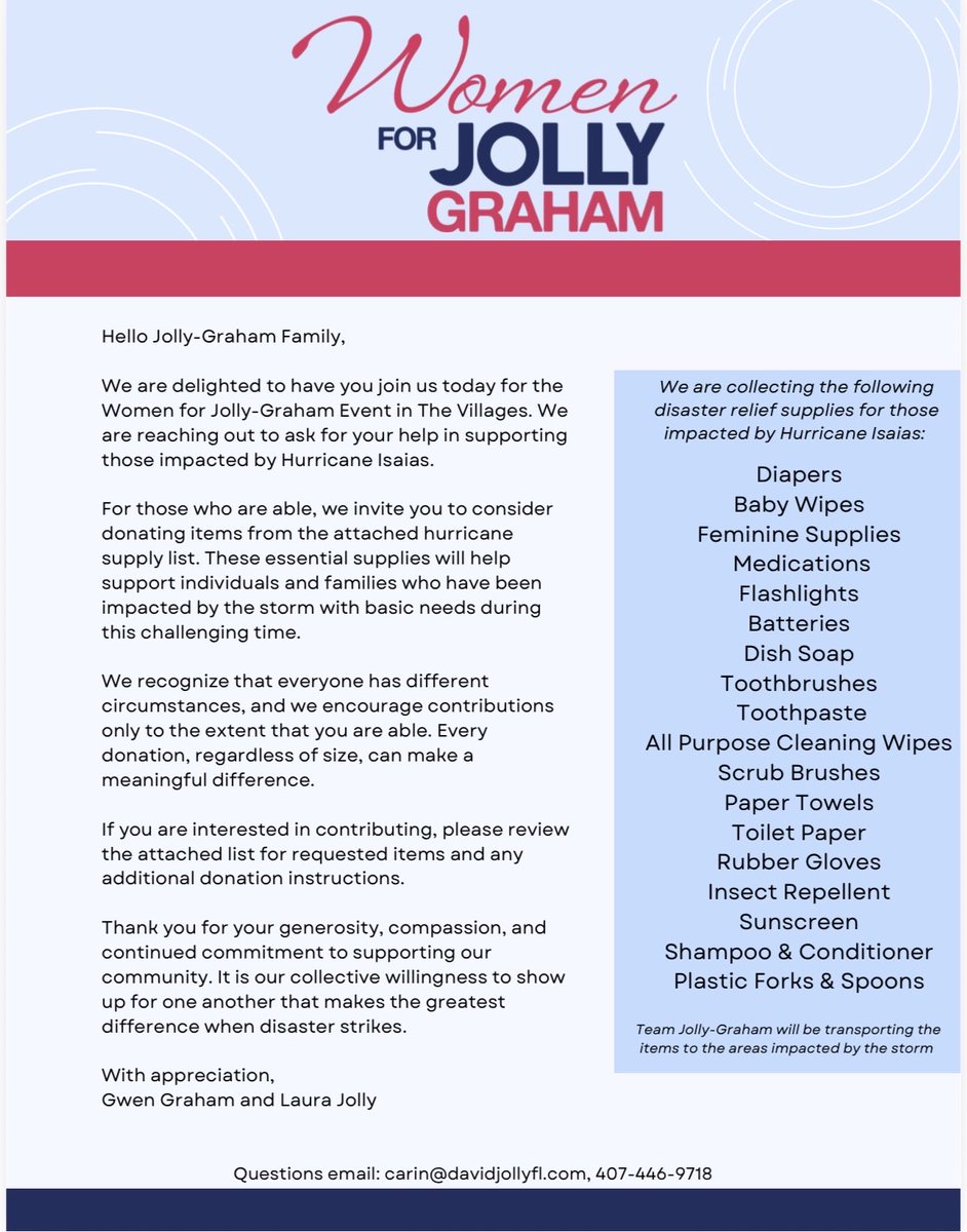 barbiehhall's tweet photo. Are you attending today’s Women for Jolly event in The Villages with @GwenGraham and @laurajollyfl ? If so, the Jolly campaign is collecting donations for Florida hurricane victims that they will take to areas in need. If you are able, please bring supply donations. https://t.co/83O4PGvo0m