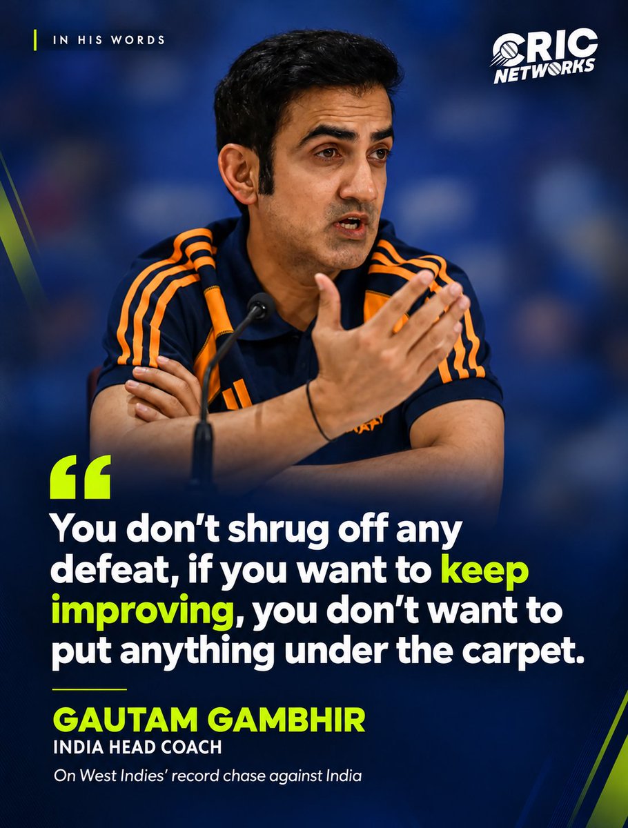 cricnetworks's tweet photo. “You don’t shrug off any defeat.”

Gautam Gambhir stresses the importance of learning from setbacks after West Indies’ record chase against India. 🏏

#CricNetworks #GautamGambhir #INDvWI #TeamIndia #CricketFans https://t.co/nMBXljeKND