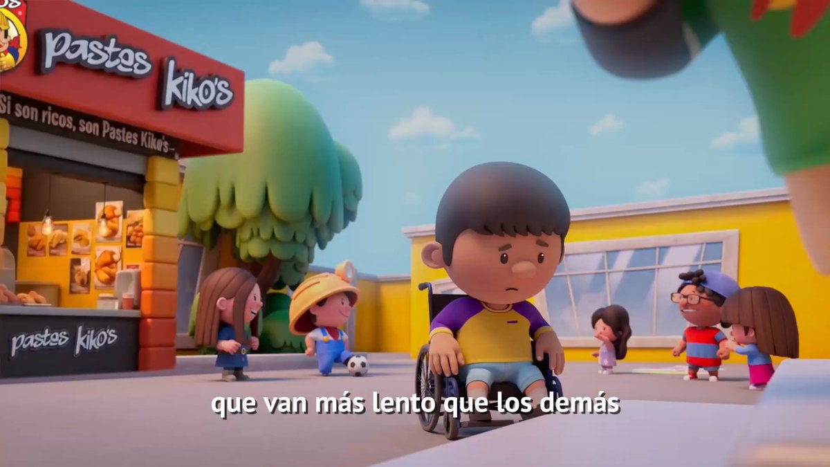 A 3D animated scene showing a young boy in a wheelchair looking sad outside a shop called 'Pastes Kiko's,' with Spanish subtitles reading 'que van más lento que los demás'.