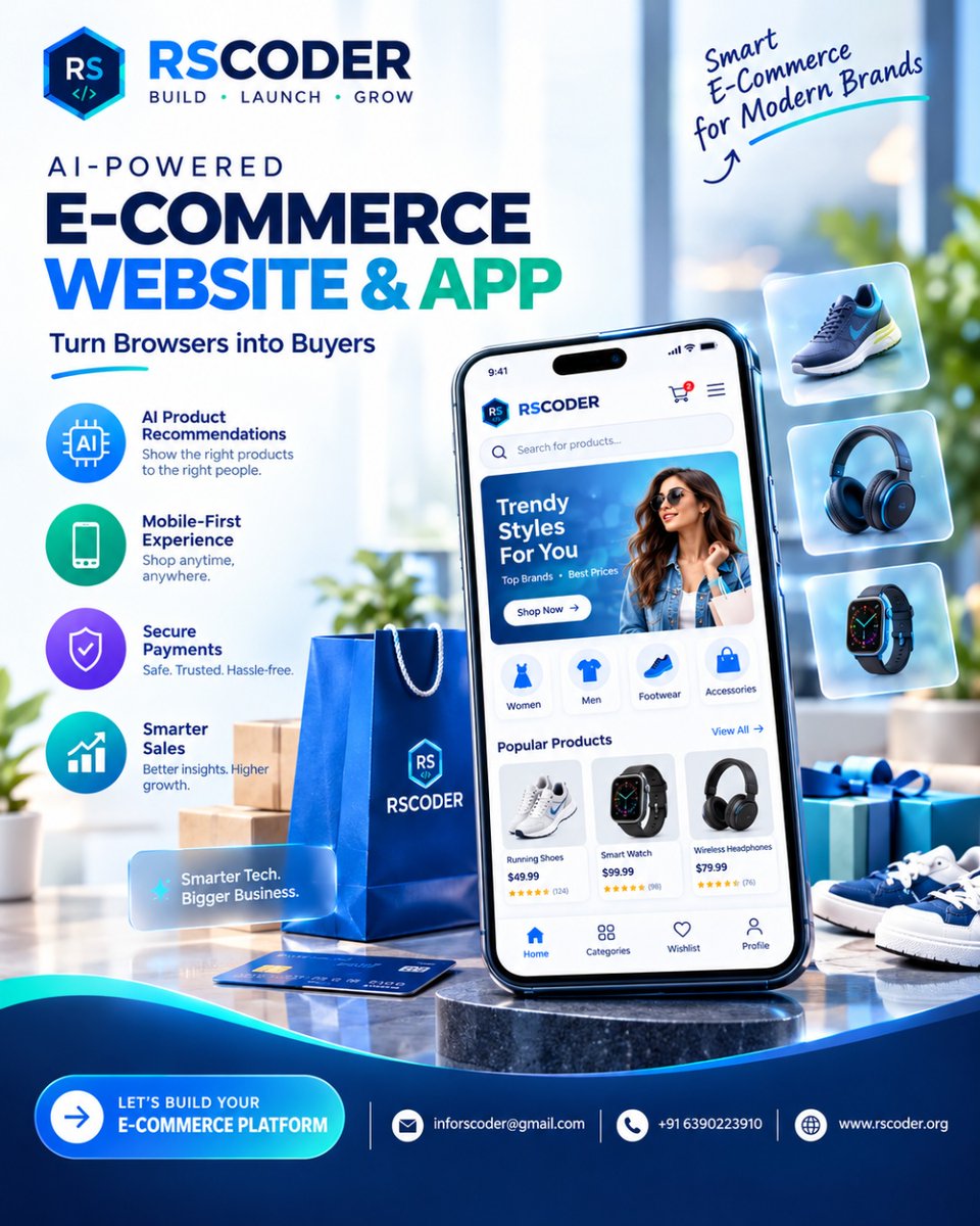 Rscoder8's tweet photo. 🚀 Ready to build a smarter online store?

RSCoder develops AI-powered E-Commerce Websites &amp; Apps featuring personalized shopping, smart search, secure payments &amp; mobile-first experiences. 🛍️

📞 +91 6390223910
🌐 https://t.co/bNC5IMdOoU
#Ecommerce #AI #WebDevelopment https://t.co/yQrErSIqvt