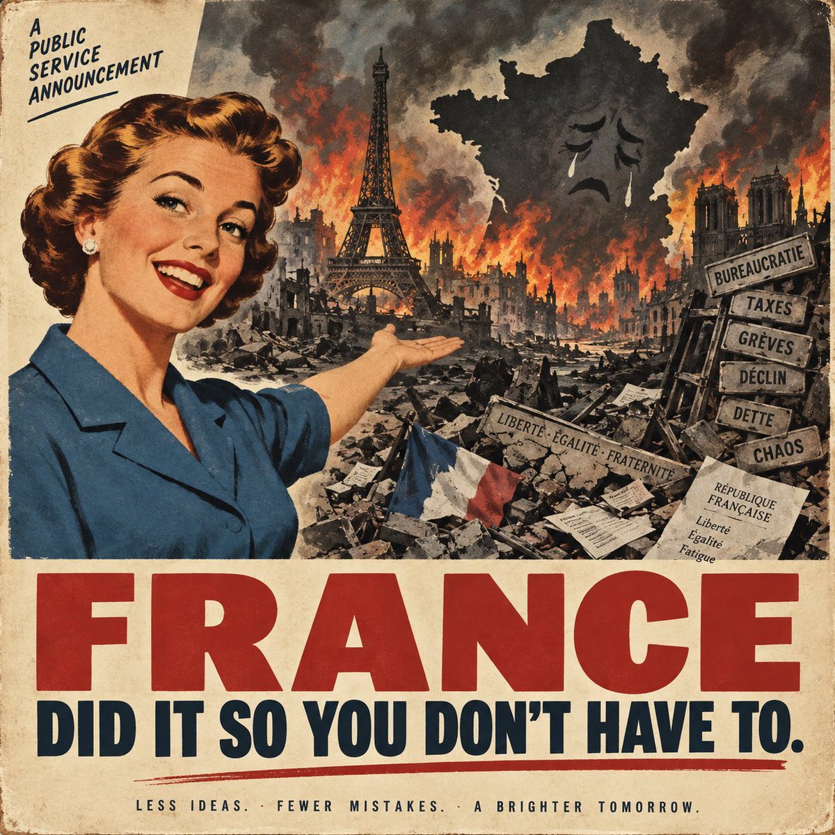 d_foubert's tweet photo. Thank you France for sacrificing your country to show the rest of the world what an EPIC FAILURE socialism and open borders are!

France has spent decades turning every political problem into another excuse for more state intervention, more taxation, more spending, more regulation and more dependency. 

The result is a country that spends enormous sums, taxes heavily, runs chronic deficits and still manages to produce deteriorating public services, industrial decline and permanent political paralysis.

At the same time, successive governments treated mass immigration as if integration would happen automatically. Instead of demanding assimilation, enforcing common standards and protecting social cohesion, they repeatedly preferred denial, euphemism and administrative improvisation. The costs then appeared in housing, schools, policing, welfare, public order and increasingly fragmented communities.

The two systems reinforce each other. A gigantic welfare state makes uncontrolled immigration more expensive; social fragmentation makes reform harder; weak growth makes redistribution less sustainable; higher taxes damage competitiveness; declining competitiveness produces more demands for subsidies and state protection.

France then responds to every failure by prescribing more of the mechanism that produced it: another programme, another tax, another agency, another subsidy, another promise that this time the same model will finally work.

So yes: thank you, France. Few countries have spent so much money demonstrating, at such scale, how quickly a rich and capable nation can exhaust itself when comfort is allowed to replace responsibility.