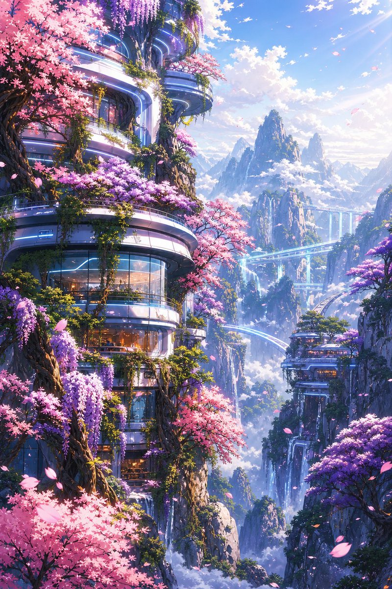 LofivibesbyGZU's tweet photo. Follow the drifting petals to a city above the clouds. 🌸✨
Hidden gardens, misty bridges, and waterfalls fading into the valley… Take your time; there’s a little wonder around every corner.
#FantasyArt #AnimeArt #Solarpunk #CozyFantasy https://t.co/2CRVbmfzSB
