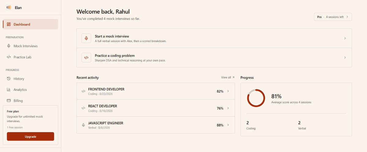 SSsyed17's tweet photo. Building an AI product teaches you things tutorials don't.

With Elan, my AI interview coach, I've had to think beyond generating questions:

→ Adapting follow-ups to a candidate's answers
→ Evaluating answers consistently
→ Keeping session durations predictable
→ Designing the experience around actual interview practice
The hard part isn't just adding AI. It's making the product useful.
What do you think makes an AI product genuinely valuable?
#AI #BuildInPublic