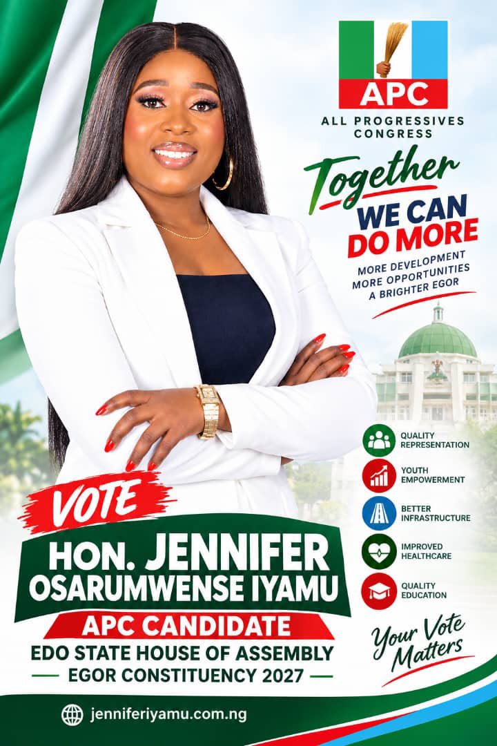 iyamu_o's tweet photo. HON. JENNIFER OSARUMWENSE IYAMU: A BRIGHTER FUTURE FOR EGOR
Egor deserves quality representation, better infrastructure, people oriented bills and more opportunities for its people.Together, we can work towards a brighter Egor.
#JenniferIyamu2027#EgorConstituency#EdoState2027#APC https://t.co/43v0xob9kZ
