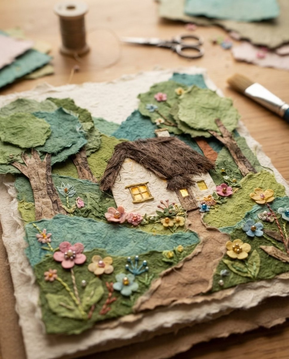 SungoGo10's tweet photo. Building dreams, one textured layer. Crafting a little slice of home with handmade cardstock and mulberry paper.
#PaperCraft #HandmadeArt #CottageCore #TexturedArt #MulberryPaper #DIYCrafts https://t.co/RyG7Rum42I