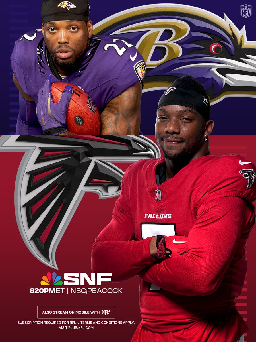 An RB matchup you don't want to miss 🗣️

@​BALvsATL – Sunday 8:20pm ET on NBC/Peacock
Stream on @​NFLPlus 
 [📷](https://pbs.twimg.com/media/HUSN1ZWaAAALwpB.jp