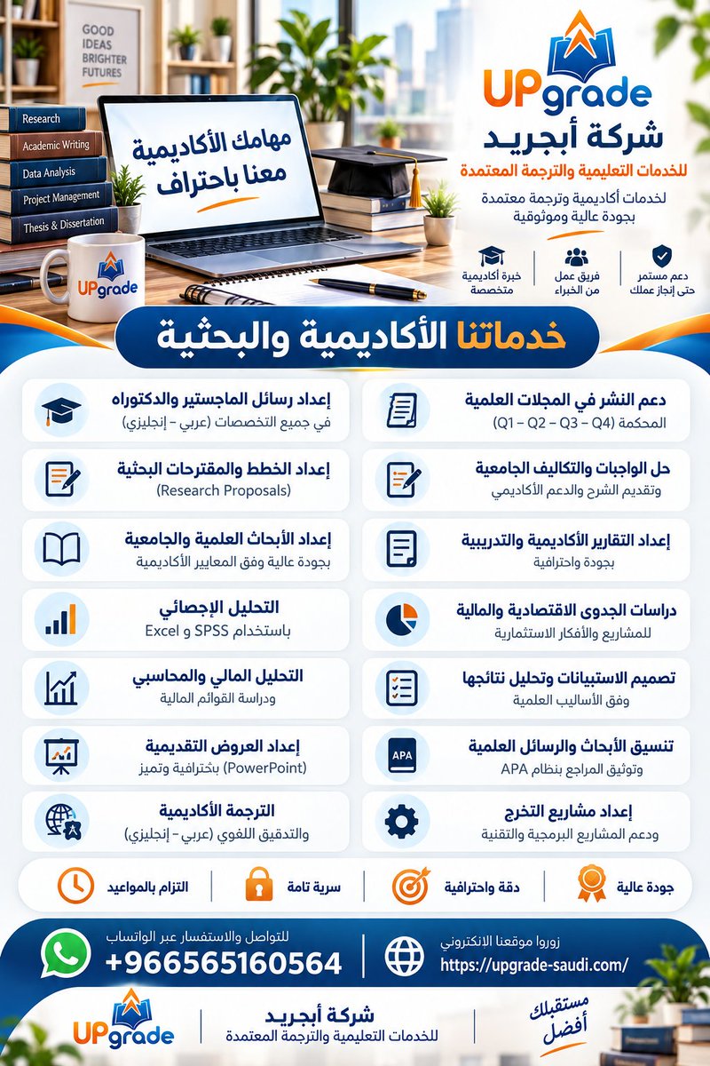 UpgradeSaudi's tweet photo. مع أبجريد نقدم خدمات متخصصة تشمل الإرشاد الدراسي، مراجعة الأبحاث وتنسيقها، التحليل الإحصائي، العروض التقديمية، الترجمة الأكاديمية، وتوثيق المراجع مع متابعة مستمرة والتزام بالمواعيد. تواصل معنا عبر واتساب +966565160564 أو موقعنا https://t.co/PoyZf6rEeq https://t.co/qBlvNWOPSX
