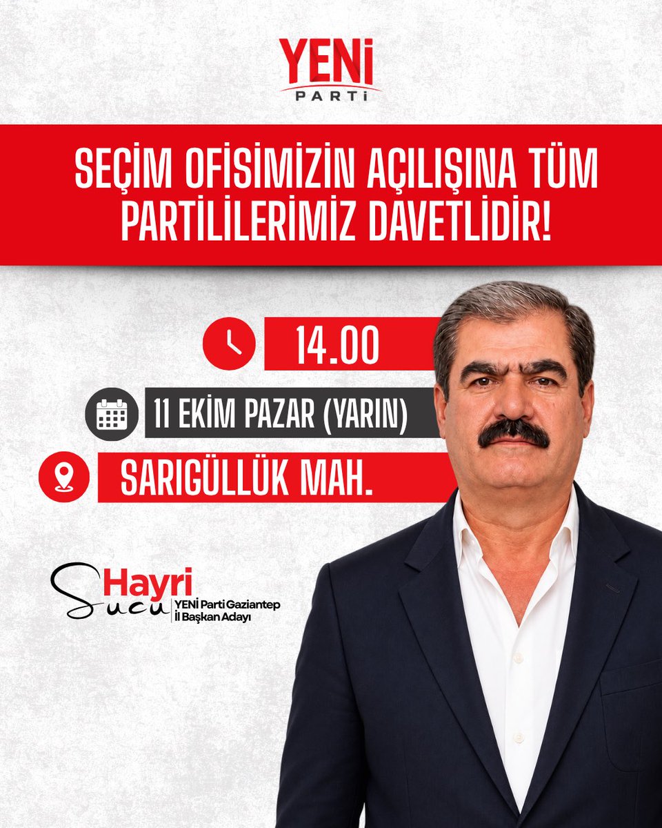 HayriSucuYP's tweet photo. Seçim ofisimizin açılışına tüm partililerimiz davetlidir! 

🕑14.00
📅11 Ekim Pazar (Yarın)
📍Sarıgüllük Mahallesi https://t.co/WKMvBBtOio