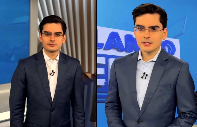 A side-by-side comparison of two news anchors in suits with glasses, likely an AI-generated or deepfake demonstration showing near-identical appearances.